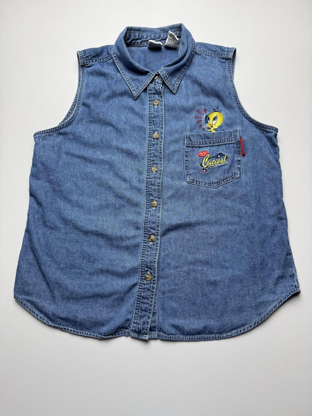 Looney Tunes Button Up Shirt Womens L Blue Collared Sleeveless Tweety Denim Top